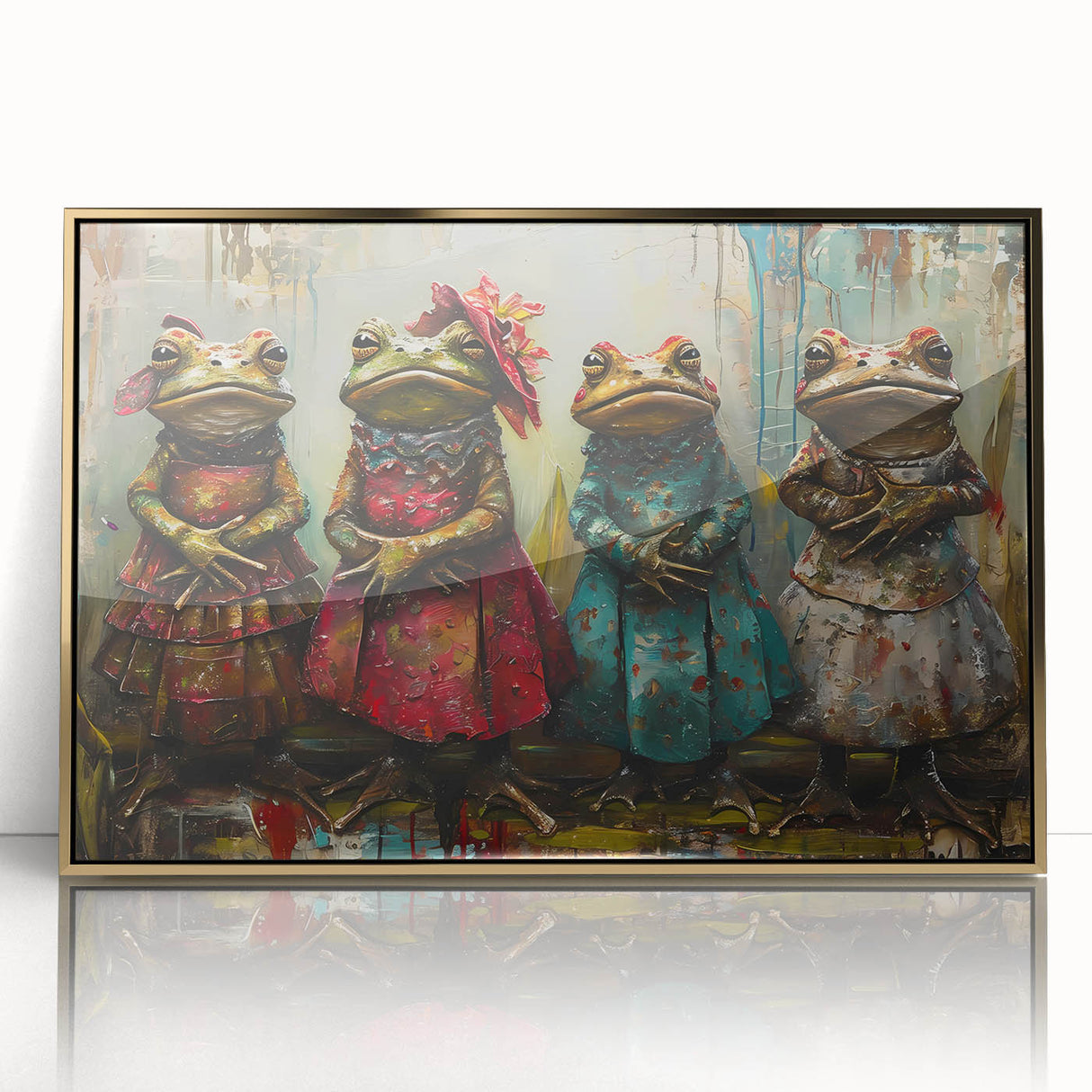 Framed acrylic wall art featuring a vibrant frog design, showcasing bright green hues and intricate details, ideal for nature lovers and home decor enthusiasts.