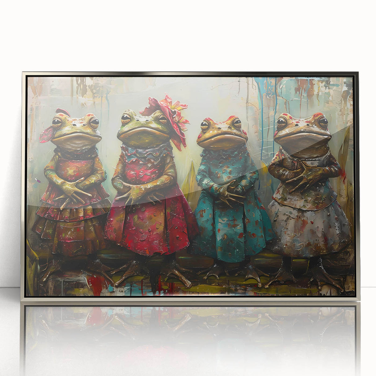 Framed acrylic wall art featuring a vibrant frog design with silver accents, perfect for adding a splash of color to modern decor. Ideal for nature lovers.