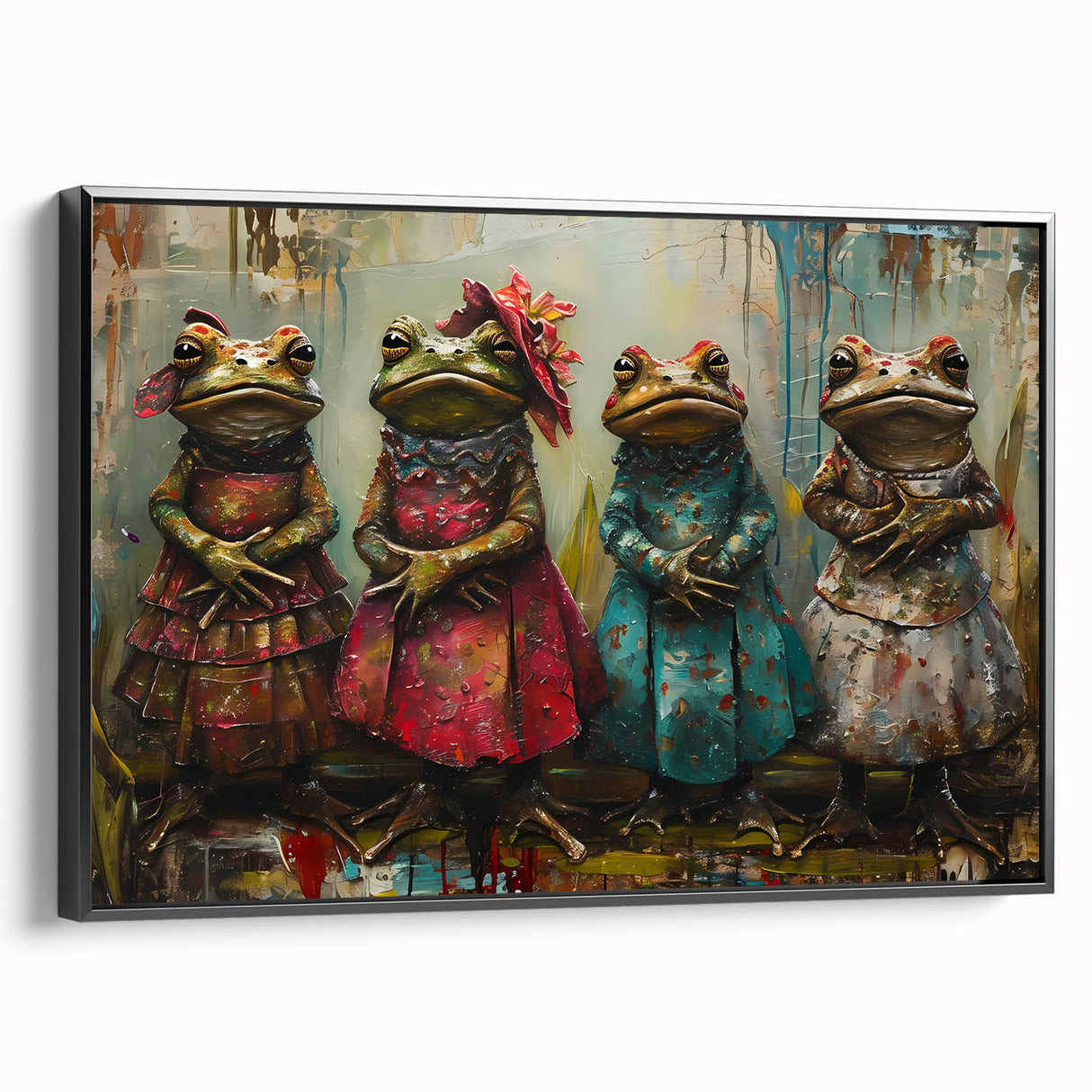 Framed canvas wall art featuring a detailed illustration of a vibrant green frog, set against a minimalistic black background, ideal for nature enthusiasts and home decor.