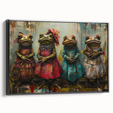 Framed canvas wall art featuring a detailed illustration of a vibrant green frog, set against a minimalistic black background, ideal for nature enthusiasts and home decor.