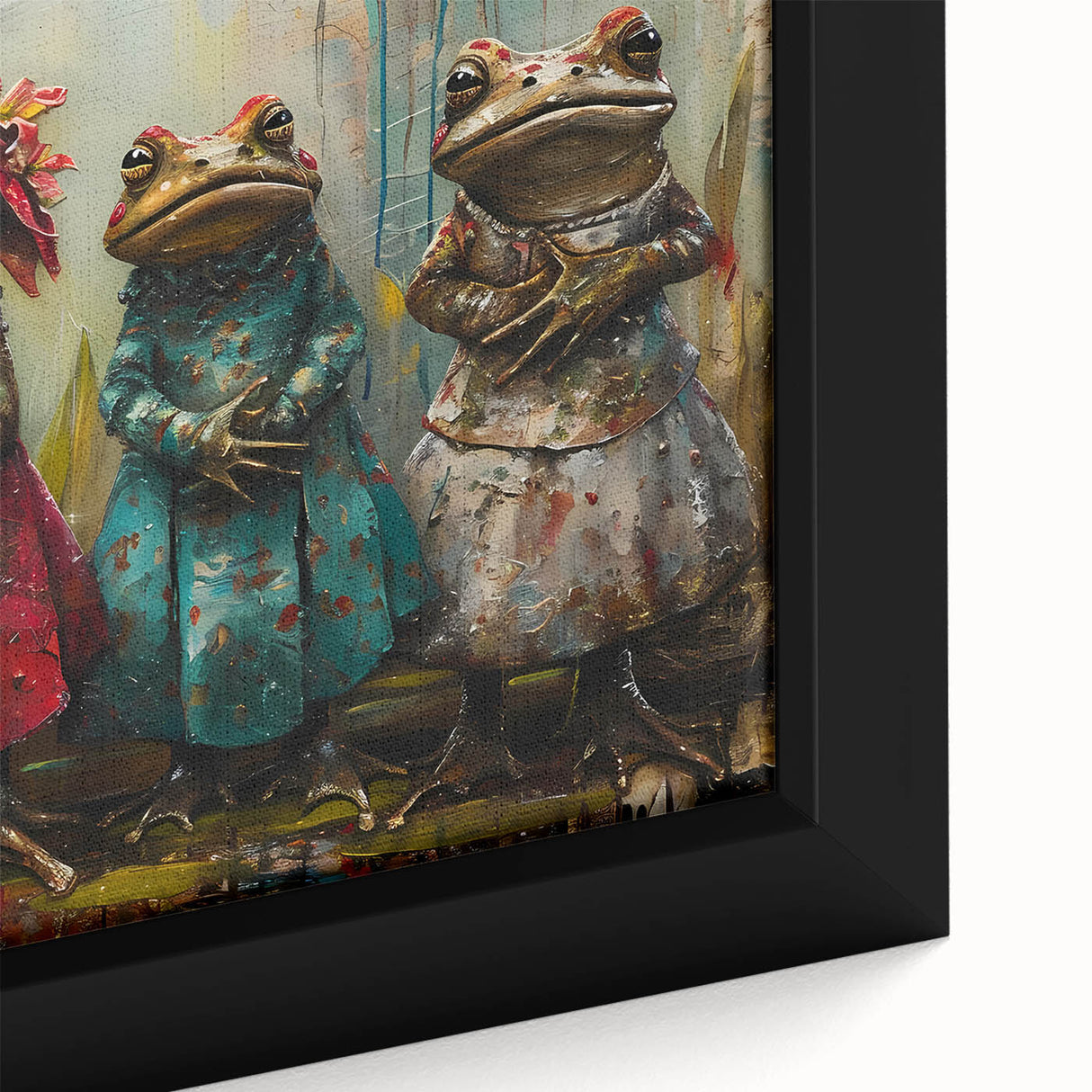 Close-up of a vibrant green frog wall art design framed canvas, showcasing intricate details and textures, perfect for nature lovers and home decor enthusiasts.
