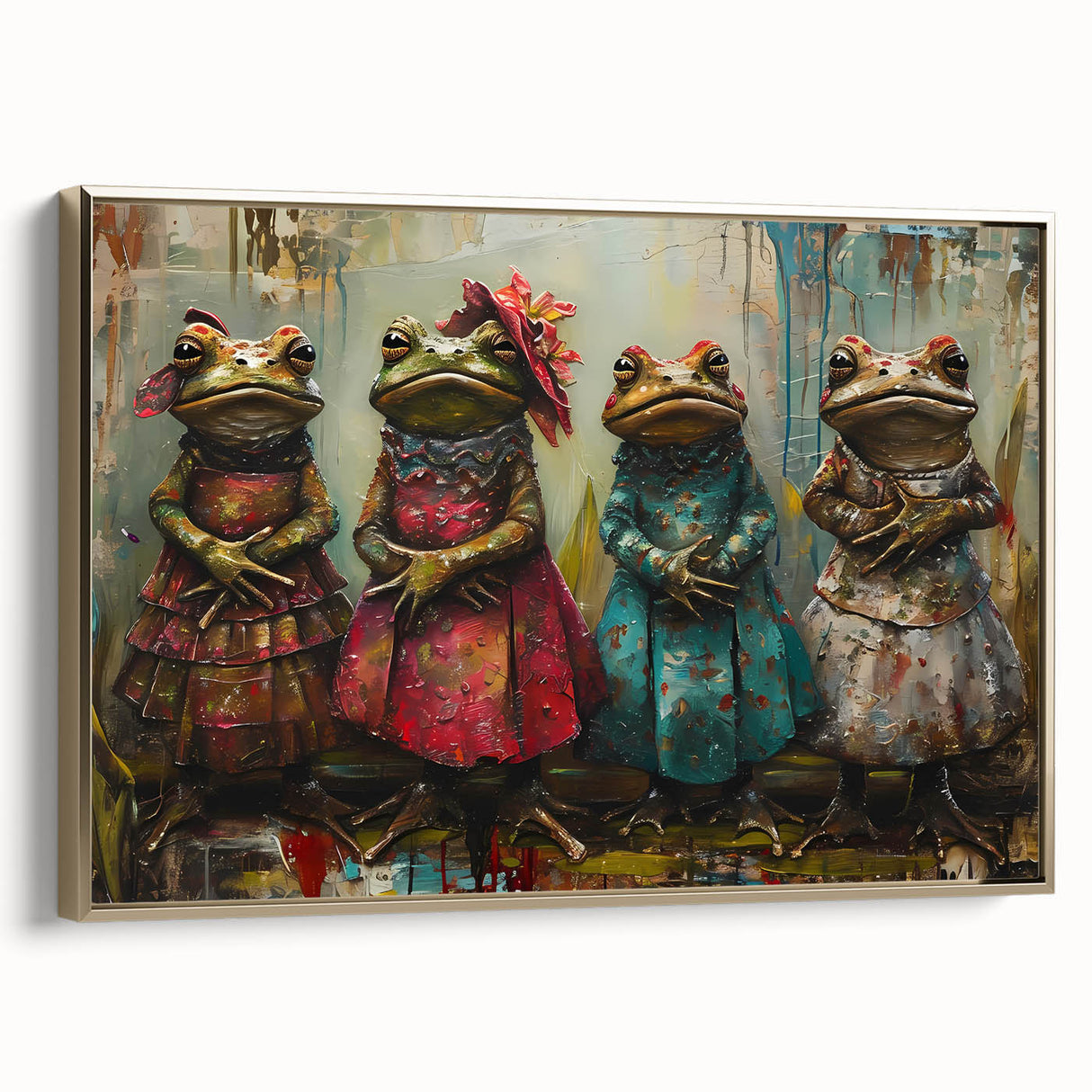 Framed wall art featuring a vibrant frog design in gold tones, showcasing intricate details and textures, perfect for wildlife enthusiasts and home decor.