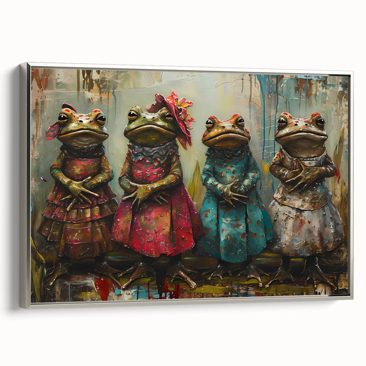 Framed canvas wall art featuring a vibrant frog design in shades of green and blue, set against a silver frame, ideal for nature-themed decor.