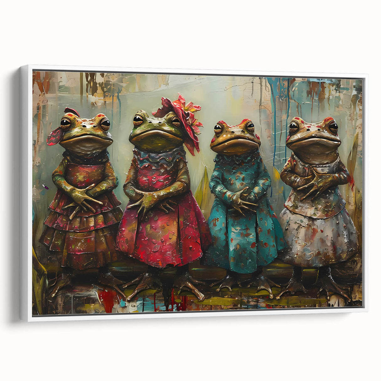 Framed wall art featuring a vibrant frog design in a white frame, showcasing intricate details and colors, perfect for nature lovers and home decor enthusiasts.