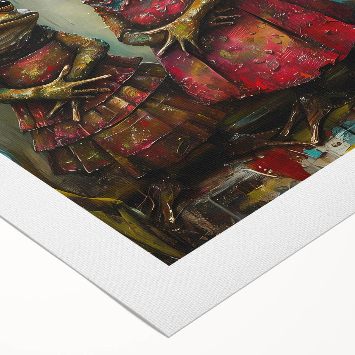 Vibrant rolled canvas featuring a whimsical frog design, showcasing detailed colors and textures, perfect for adding a playful touch to wildlife-themed decor.
