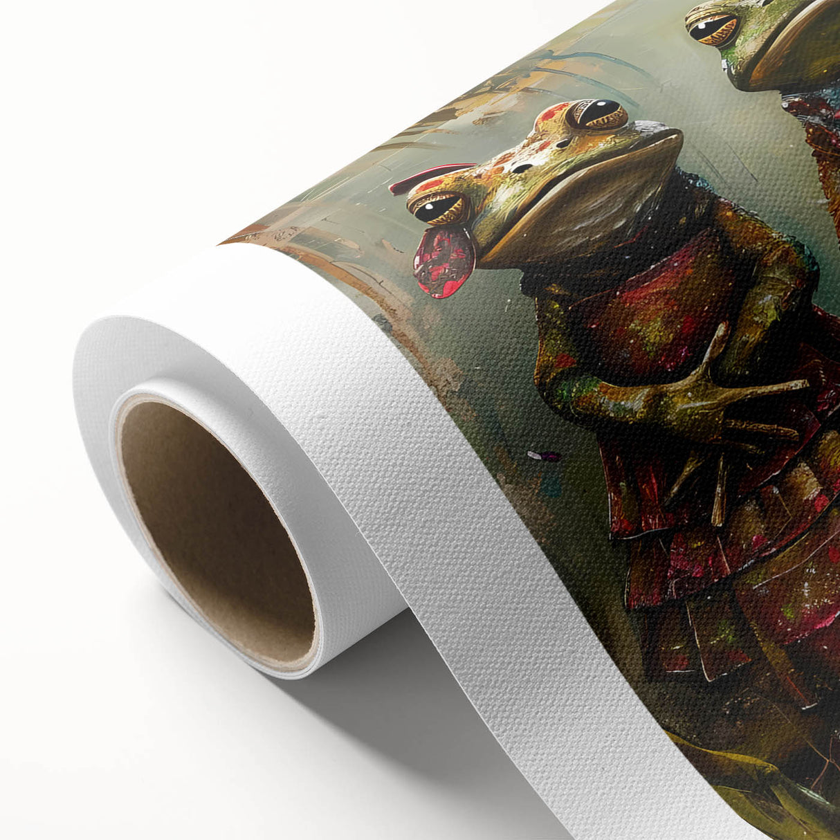 Vibrant rolled canvas artwork showcasing a frog design from the "Animals A Wild Life" collection, featuring rich colors and intricate details, ideal for nature lovers' decor.