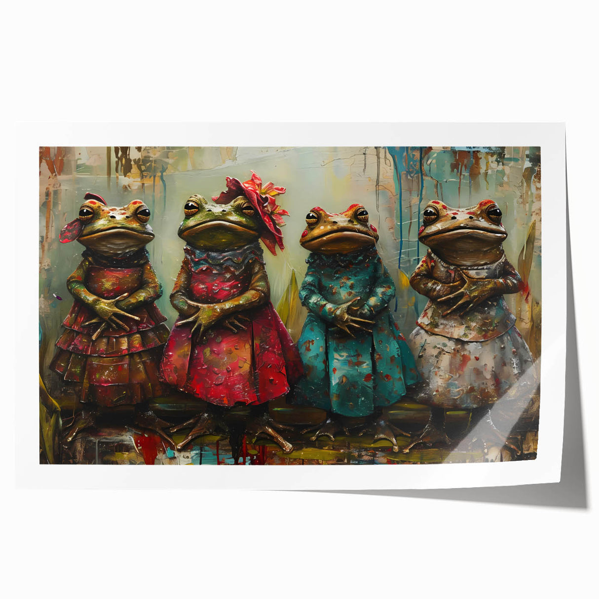 Vibrant frog-themed wall art print showcasing intricate details and vivid colors, perfect for nature lovers. Ideal for home decor or gifting, rolled for easy framing.