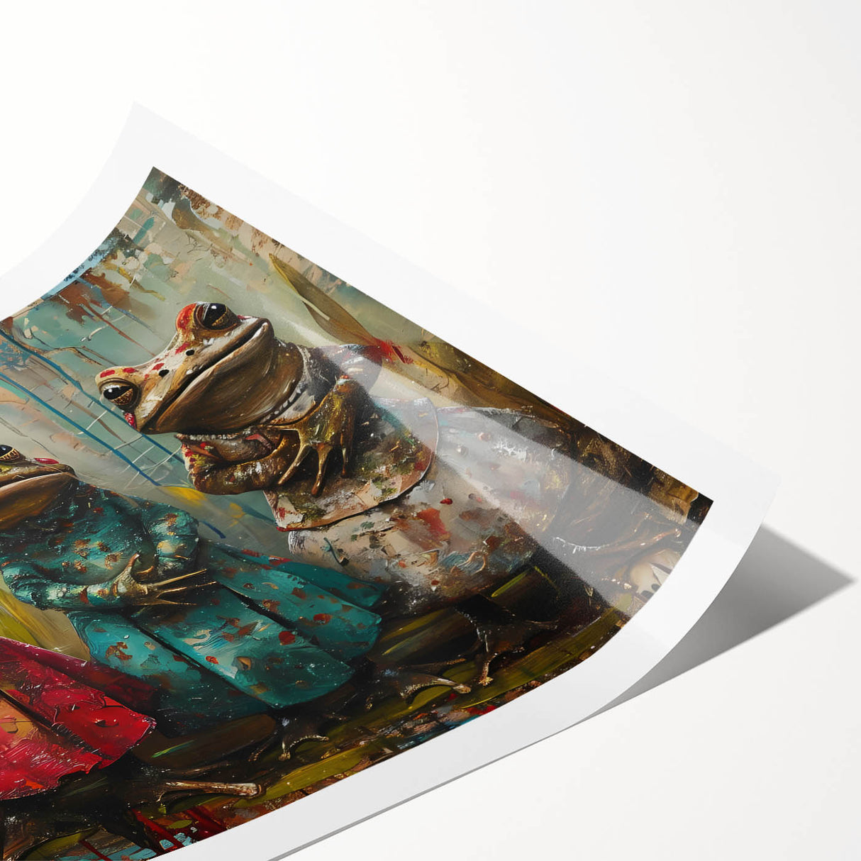 Brightly colored rolled wall art print featuring a whimsical frog design, showcasing intricate patterns and textures, ideal for nature-inspired decor. Perfect for animal lovers seeking unique home accents.