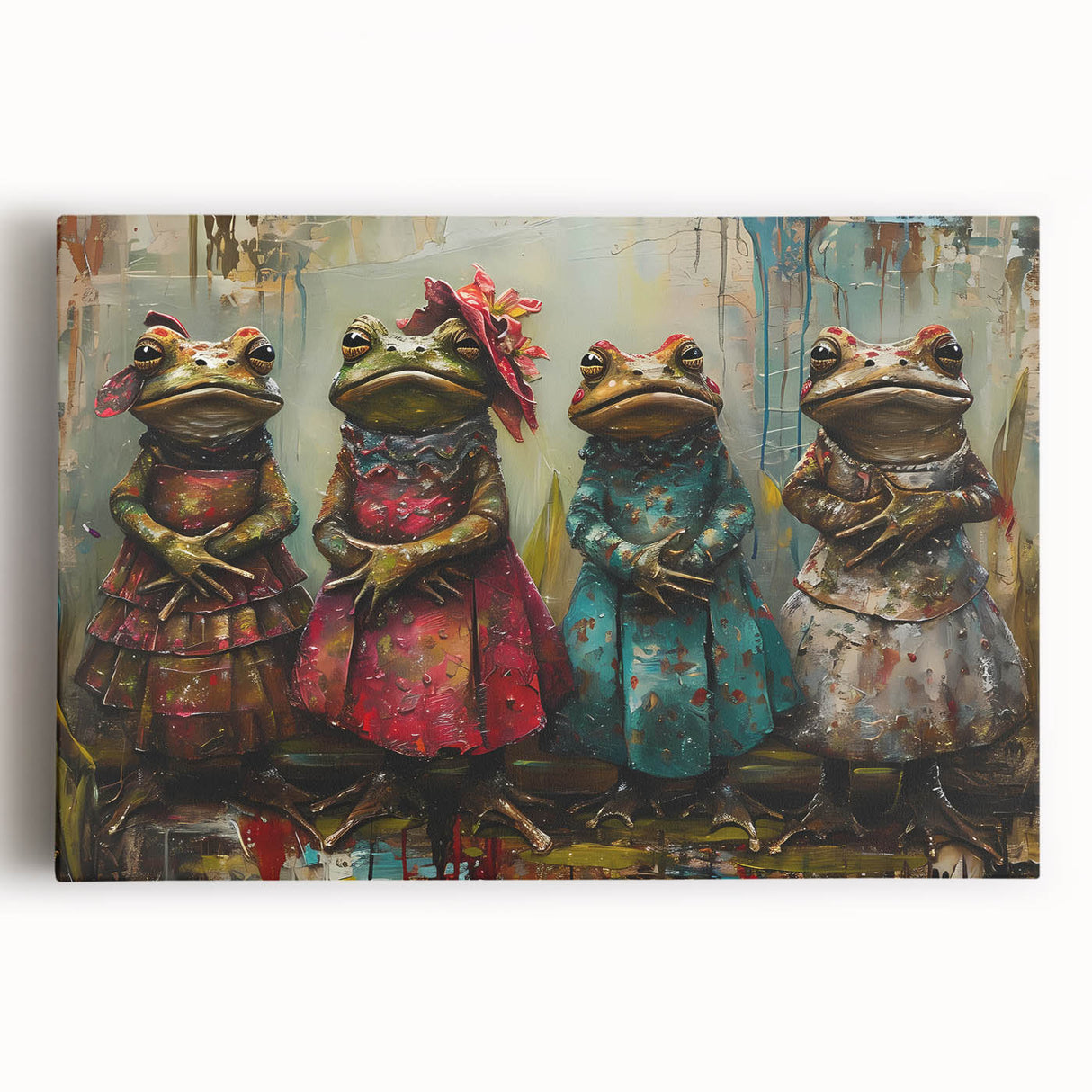 Colorful stretched canvas wall art showcasing a vibrant frog design, perfect for nature enthusiasts. Ideal for home decor and wildlife-themed spaces.