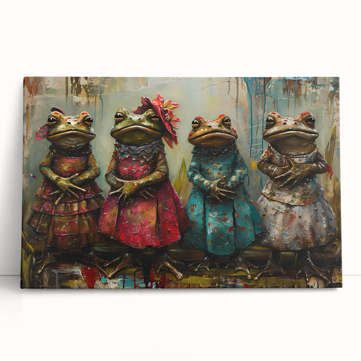 Vibrant stretched canvas wall art featuring a whimsical frog design in bright green and yellow hues, perfect for animal lovers and nature-inspired decor.