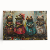 Vibrant stretched canvas wall art featuring a whimsical frog design in bright green and yellow hues, perfect for animal lovers and nature-inspired decor.