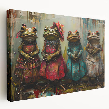 Colorful frog design wall art on stretched canvas, showcasing intricate details and vibrant hues, perfect for nature enthusiasts and home decor.