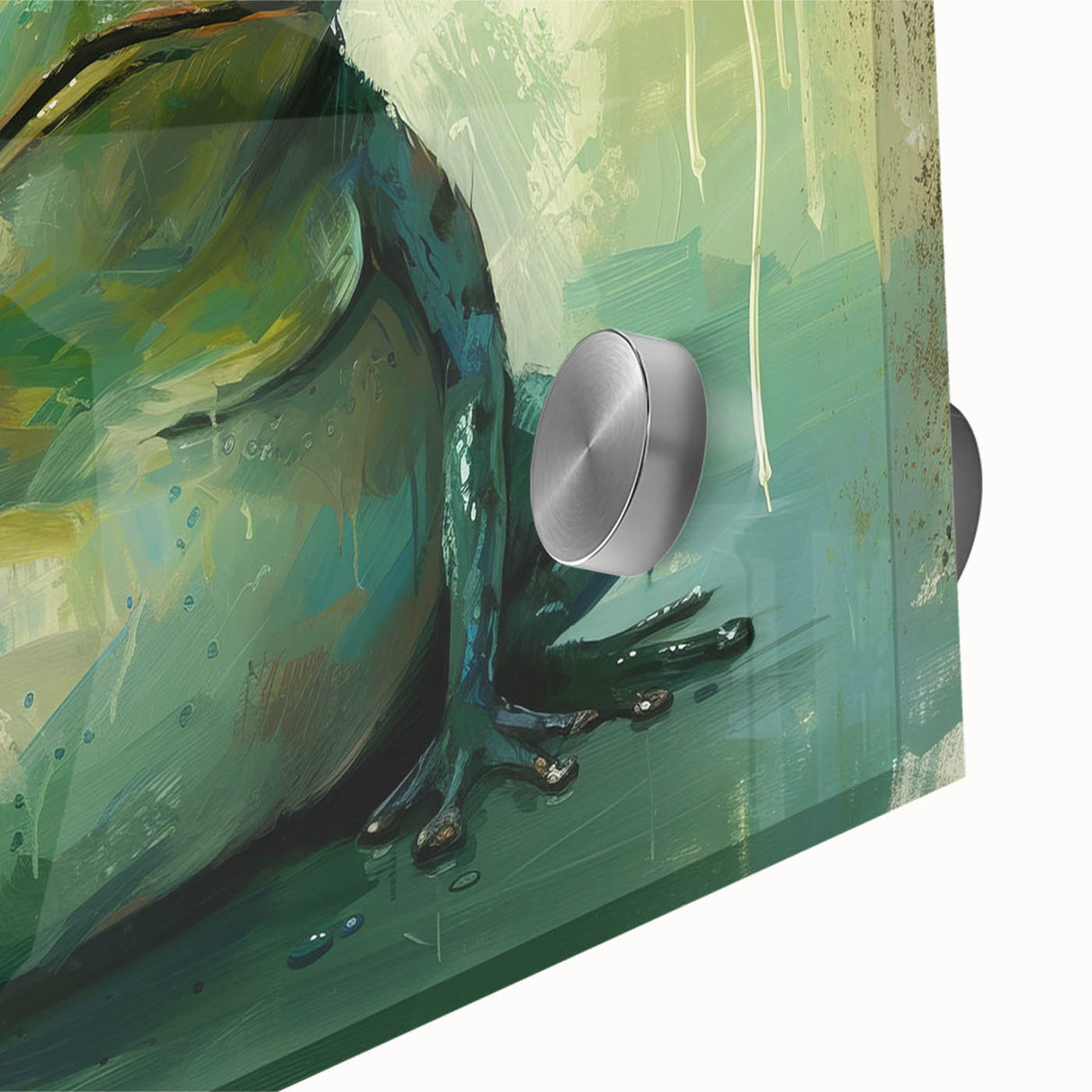 Close-up of a vibrant frog design wall art piece, showcasing intricate details and vivid colors on acrylic glass, perfect for animal lovers and home decor enthusiasts.