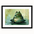 Frog-themed wall art collection framed in black, showcasing vibrant green and yellow colors, perfect for animal lovers and nature-inspired decor. Ideal for enhancing living spaces.