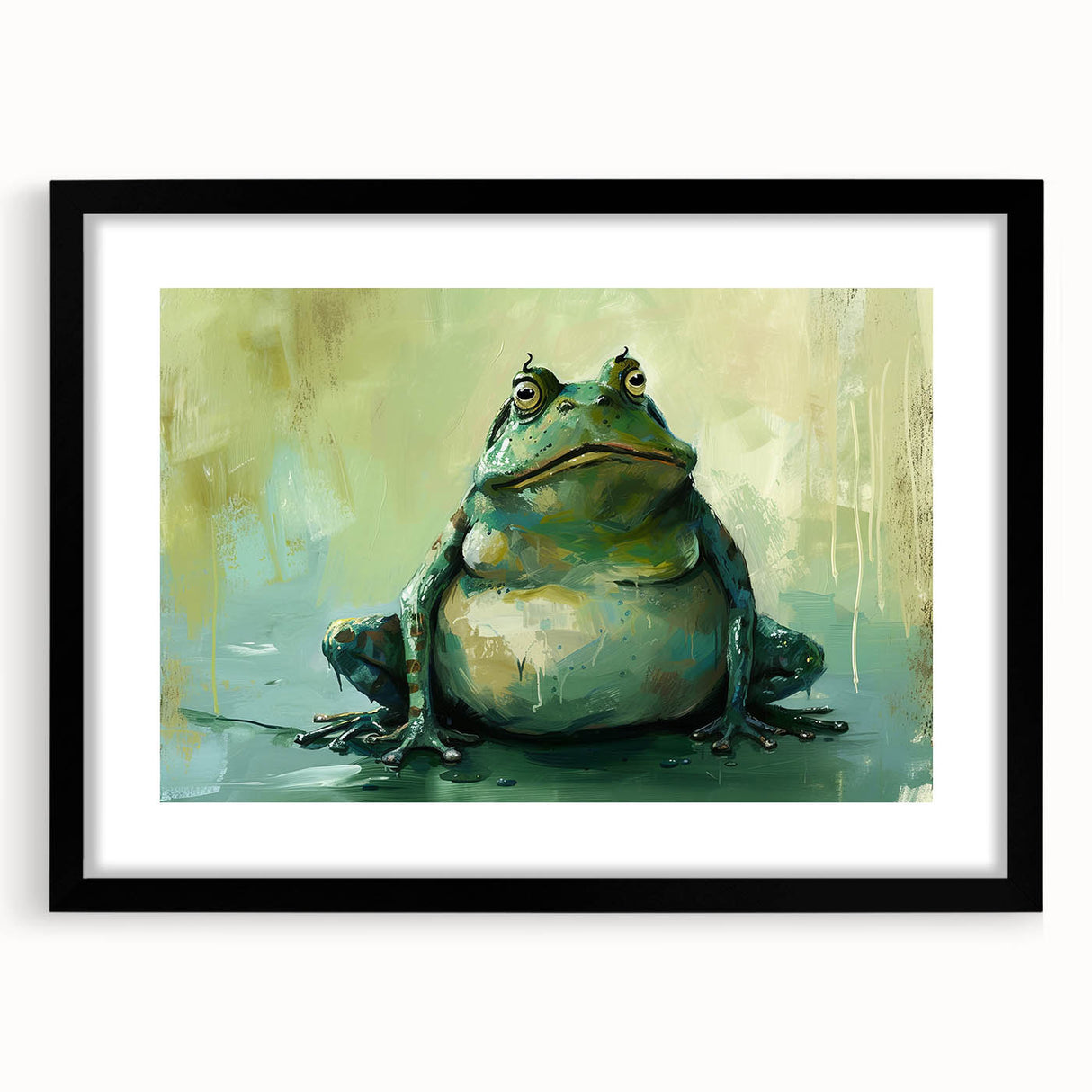 Frog-themed wall art collection framed in black, showcasing vibrant green and yellow colors, perfect for animal lovers and nature-inspired decor. Ideal for enhancing living spaces.