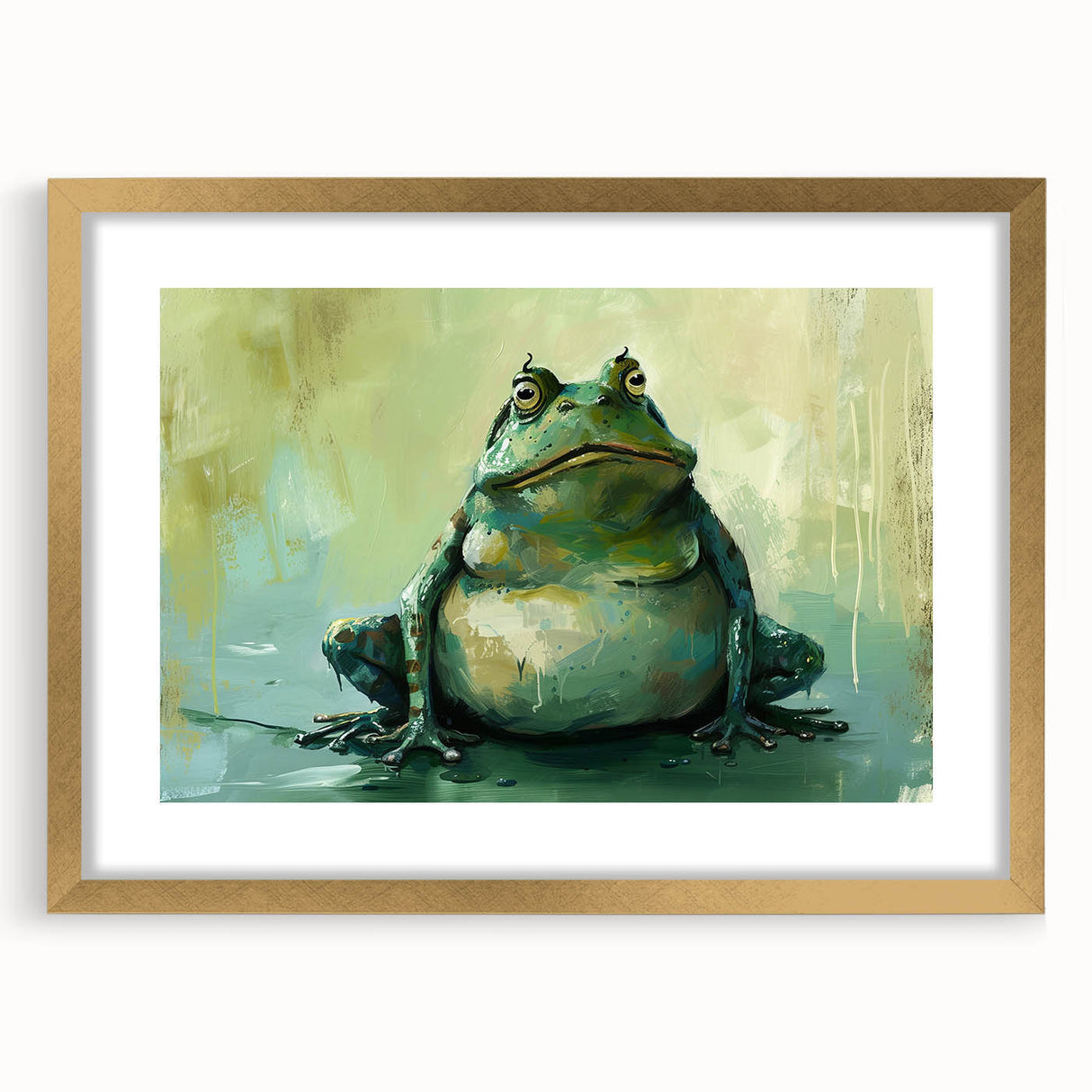 Gold-framed wall art featuring a whimsical frog design in a vibrant green color, surrounded by a stylish mat, ideal for enhancing children's rooms or nature-themed decor.