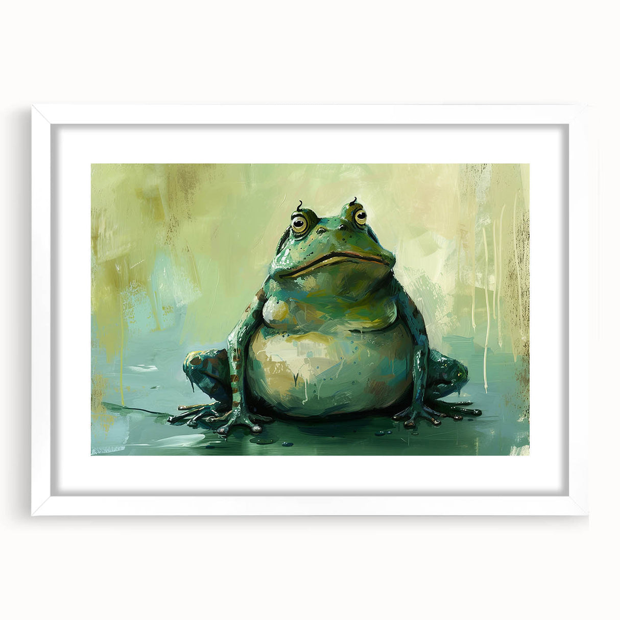 Frog-themed wall art design in a sleek white frame with a mat, showcasing vibrant colors and intricate details, perfect for wildlife enthusiasts' decor.