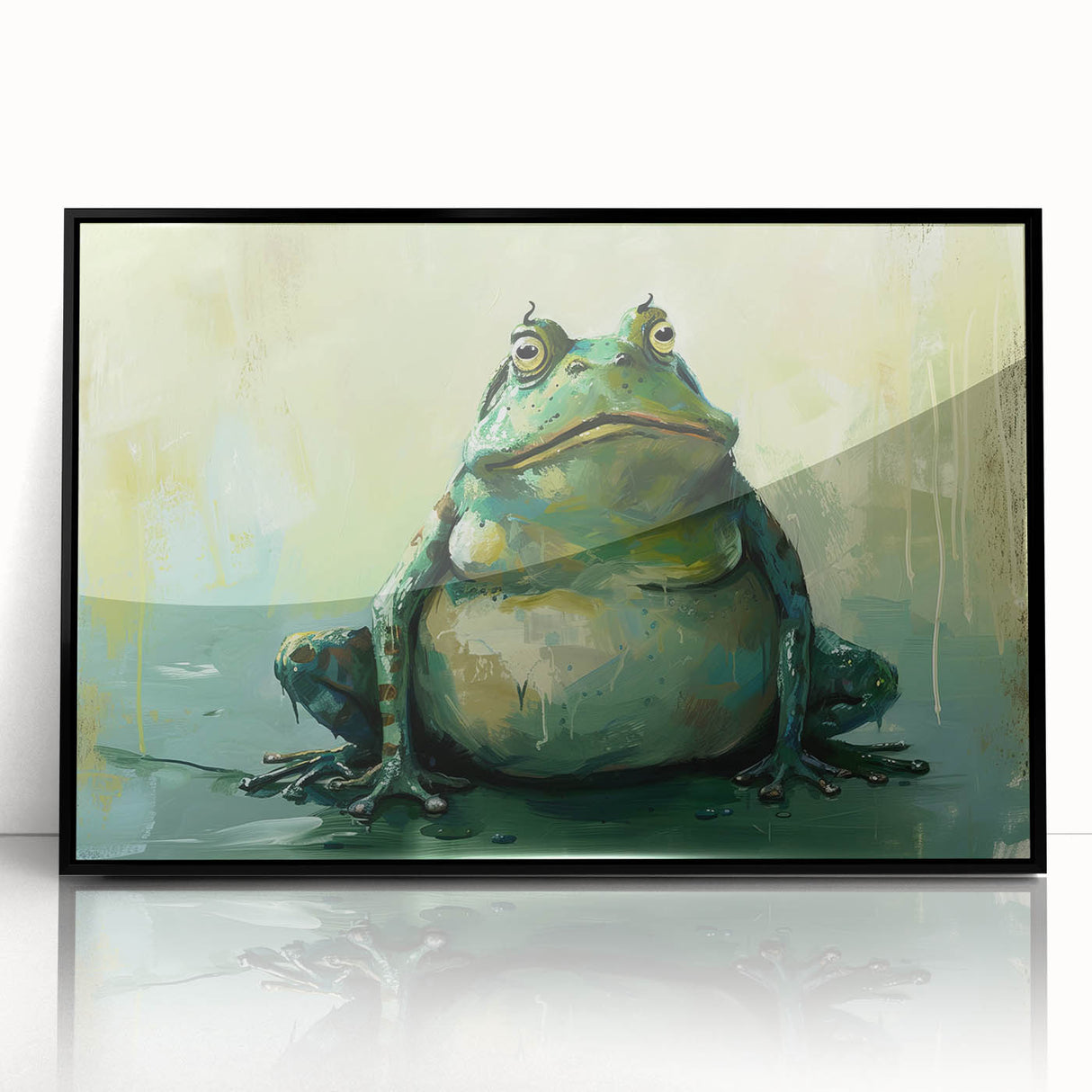 Framed wall art featuring a vibrant green frog design, showcasing intricate details and a sleek black frame, perfect for nature-themed decor.