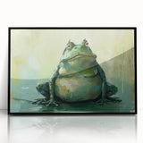 Framed wall art featuring a vibrant green frog design, showcasing intricate details and a sleek black frame, perfect for nature-themed decor.