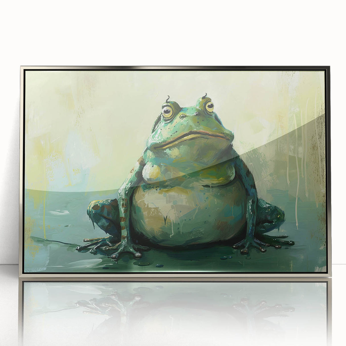 Framed wall art featuring a vibrant frog design in a silver-acrylic finish, showcasing intricate details of the frog's colors and textures, perfect for animal lovers.