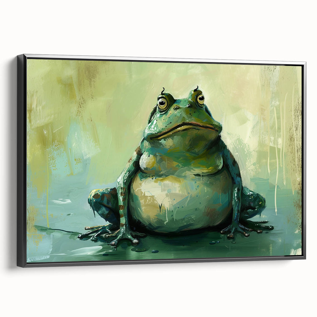 Framed wall art showcasing a vibrant frog design from the 'Animals: A Wild Life' collection. The canvas is displayed in a sleek black frame, emphasizing the colorful details and textures of the artwork, perfect for nature enthusiasts and home decor lovers.