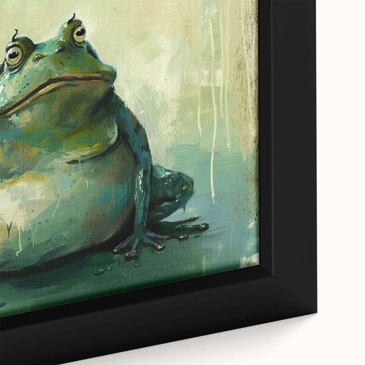 Close-up of a framed canvas wall art featuring a vibrant, detailed frog design from the "Animals of the Wild" collection, showcasing rich colors and textures ideal for nature enthusiasts.