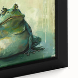 Close-up of a framed canvas wall art featuring a vibrant, detailed frog design from the "Animals of the Wild" collection, showcasing rich colors and textures ideal for nature enthusiasts.