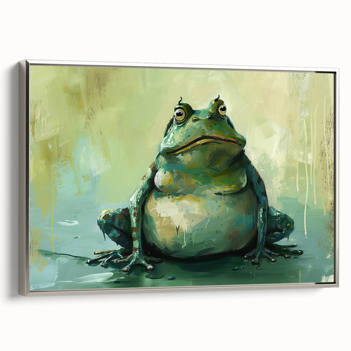 Framed wall art featuring a vibrant frog design from the "Animals: A Wild Life" collection, showcased in a sleek silver frame, emphasizing natural beauty and wildlife decor.