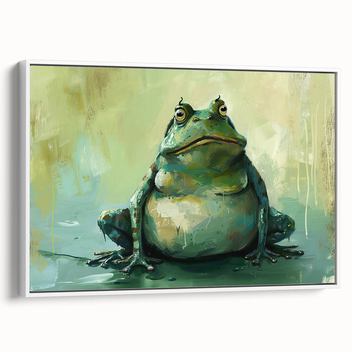 Framed wall art featuring a vibrant frog design in a white frame, showcasing intricate details and colors, perfect for adding a whimsical touch to any decor.