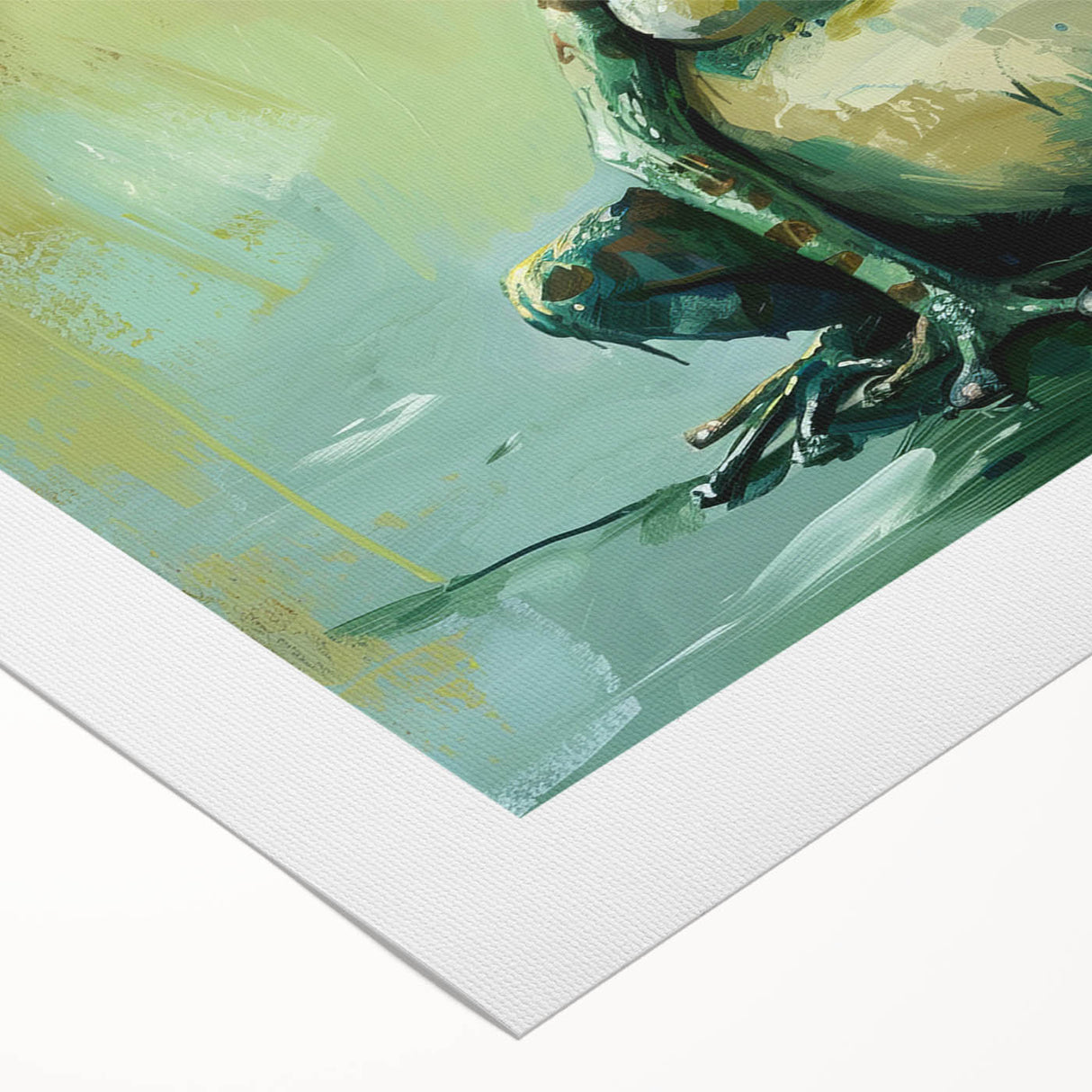 Vibrant rolled canvas wall art featuring a colorful frog design inspired by wildlife, showcasing intricate details and textures, perfect for nature enthusiasts.