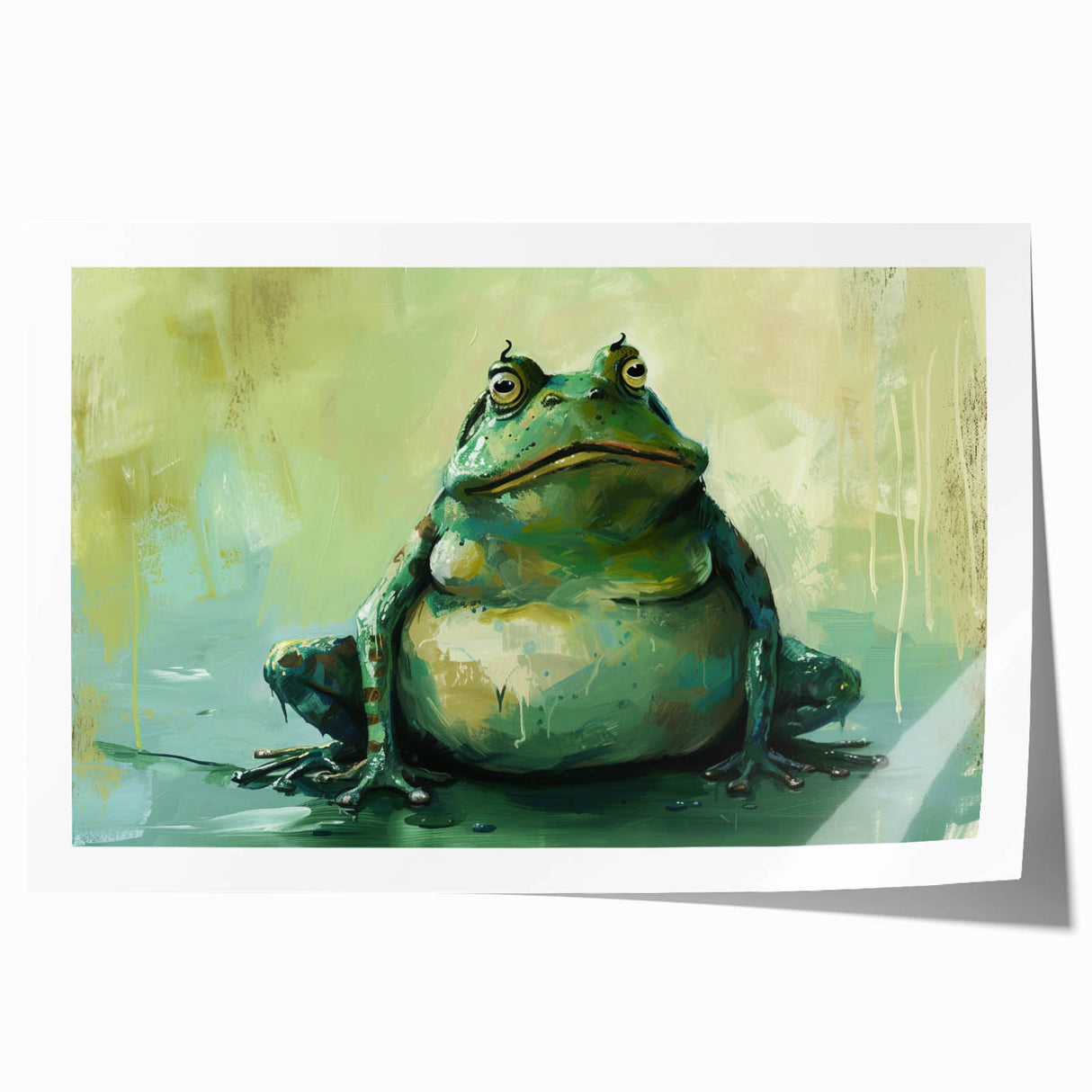 Colorful frog-themed wall art print showcasing vibrant greens and yellows, rolled for easy shipping, perfect for nature lovers and home decor enthusiasts.
