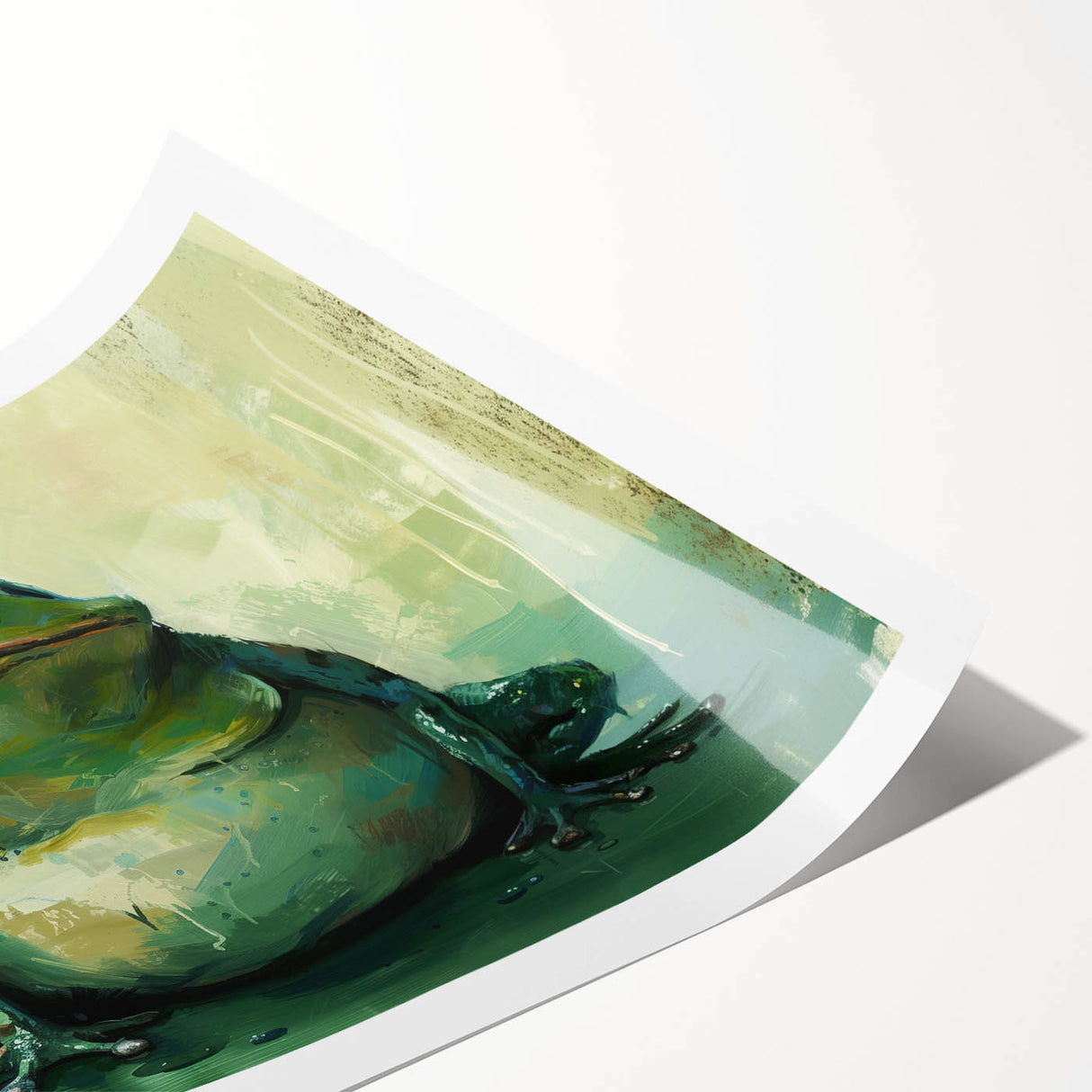 Colorful wall art print featuring a whimsical frog design, perfect for animal lovers, showcasing vibrant greens and yellows, ideal for home decor or gifting.