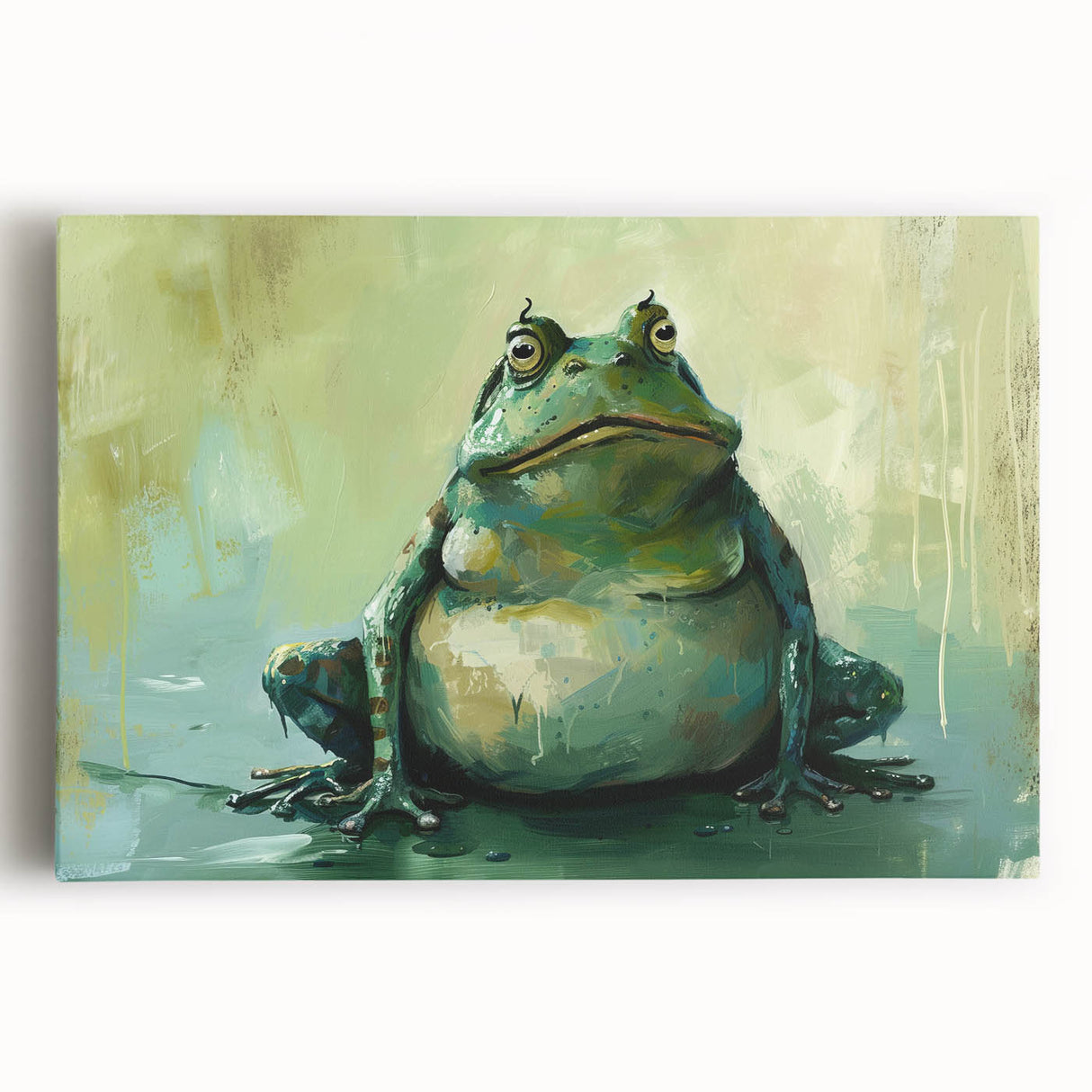 Vibrant stretched canvas featuring a detailed frog design, showcasing rich green and yellow hues, perfect for nature-themed decor in homes or offices.