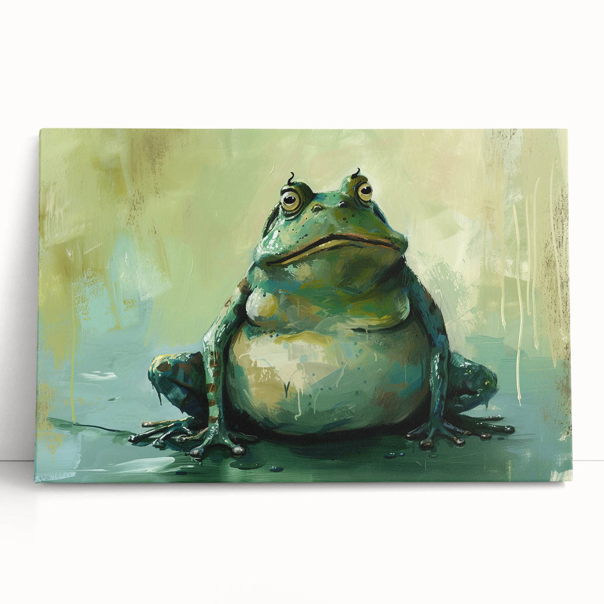 Vibrant stretched canvas wall art featuring a whimsical frog design in a lush green setting, perfect for adding a playful touch to home decor.