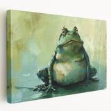 Vibrant stretched canvas wall art featuring a detailed frog design, showcasing vivid green hues and intricate textures, perfect for wildlife enthusiasts and home decor.