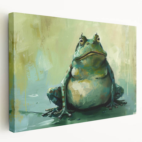 Vibrant stretched canvas wall art featuring a detailed frog design, showcasing vivid green hues and intricate textures, perfect for wildlife enthusiasts and home decor.