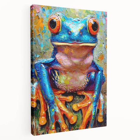 Vibrant stretched canvas artwork depicting a colorful frog in a lush jungle setting, capturing intricate details and vivid colors, perfect for wildlife enthusiasts.