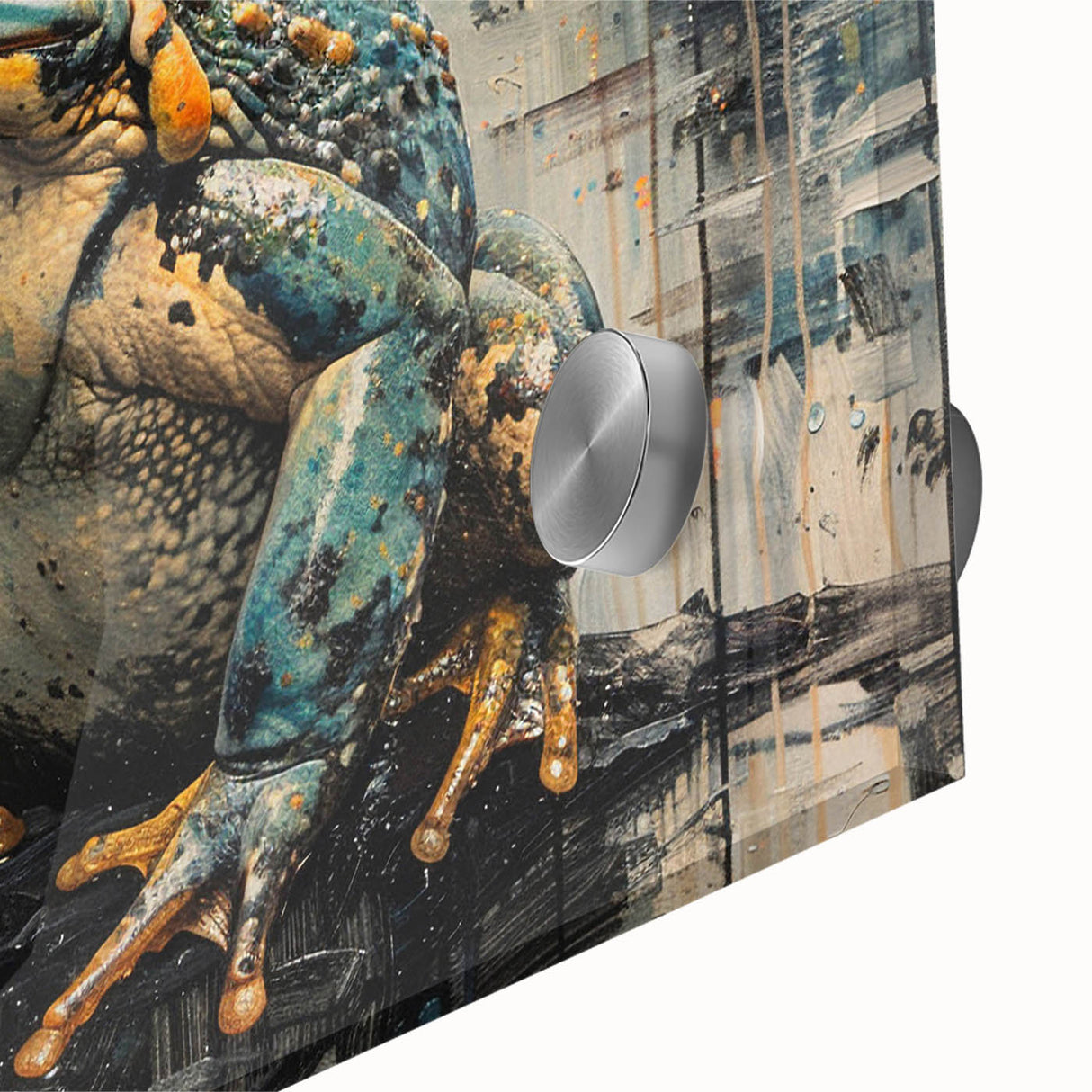 Close-up of vibrant acrylic wall art featuring a detailed frog design set against a colorful background, showcasing intricate textures and artistic flair. Perfect for nature enthusiasts and home decor.