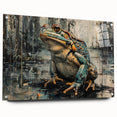 Acrylic glass wall art showcasing a vibrant frog design from the Animals A Wild Life collection, displayed with pins on a white background, ideal for nature-themed decor.