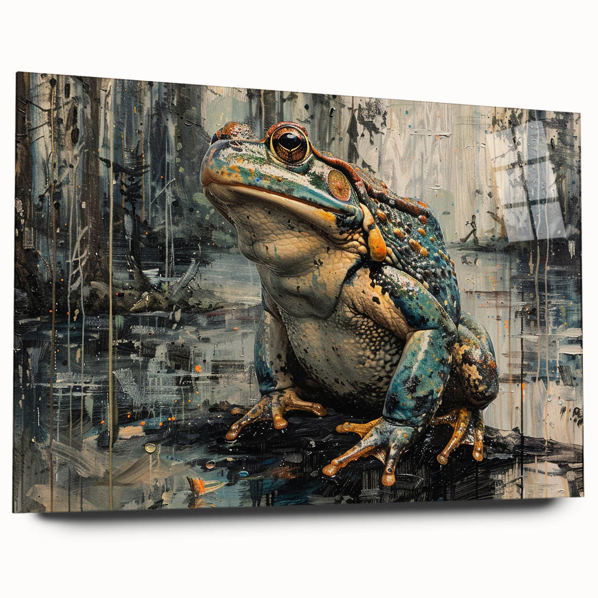 Acrylic glass wall art showcasing a vibrant frog design from the "Animals: A Wild Life" collection, side view highlighting its sleek edges and colorful details.
