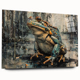 Acrylic glass wall art showcasing a vibrant frog design from the "Animals: A Wild Life" collection, side view highlighting its sleek edges and colorful details.