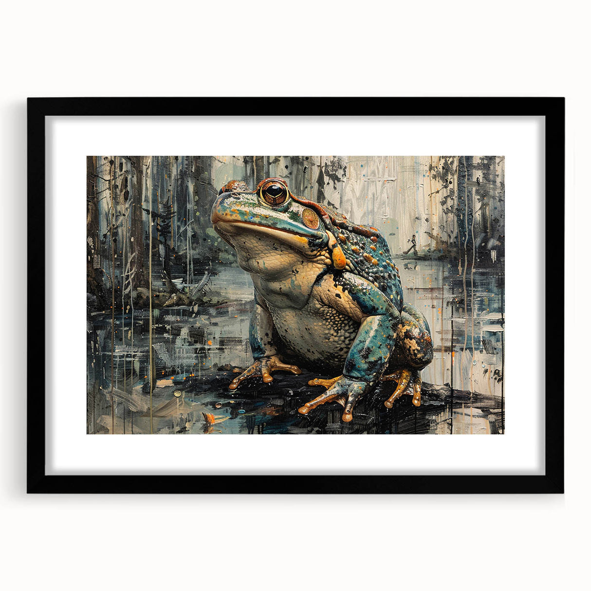 Black-framed wall art featuring a vibrant frog design from the "Animals A Wild Life" collection, showcasing intricate details and colorful elements, perfect for nature-themed decor.
