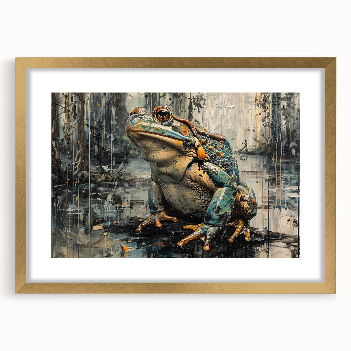 Framed wall art print featuring a colorful frog design from the "Animals: A Wild Life" collection, set in a gold frame with a mat, ideal for vibrant home decor.