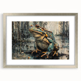 Framed wall art featuring a vibrant frog design from the "Animals of the Wild" collection, highlighted by a sleek silver frame and mat, perfect for nature enthusiasts.