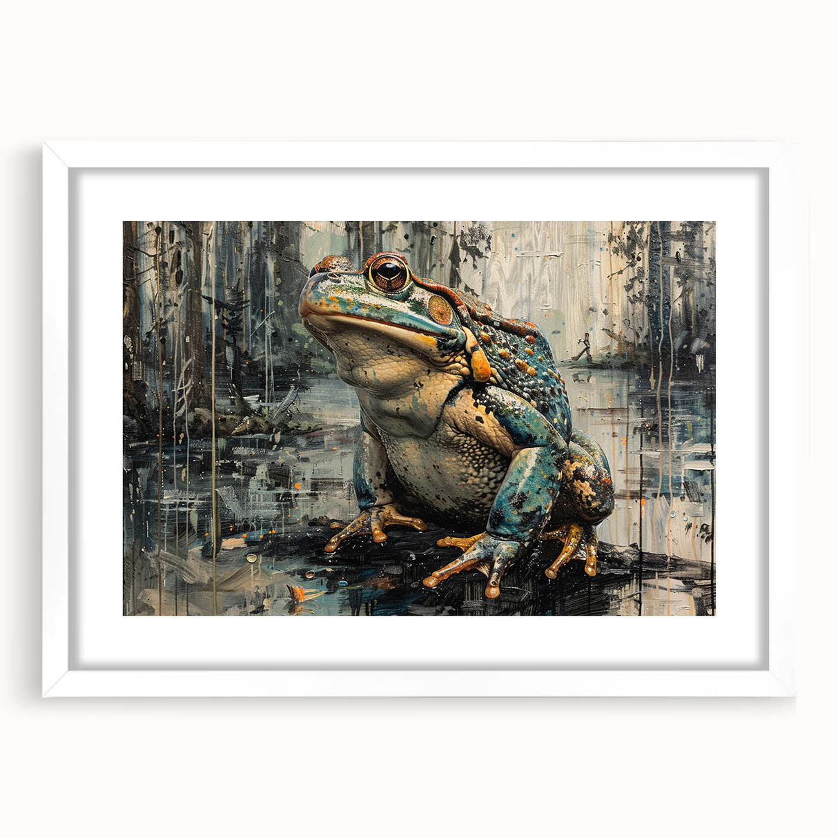 Framed wall art collection showcasing a vibrant frog design with a white mat, perfect for adding a playful touch to nature-themed decor. Ideal for animal lovers and eco-friendly spaces.
