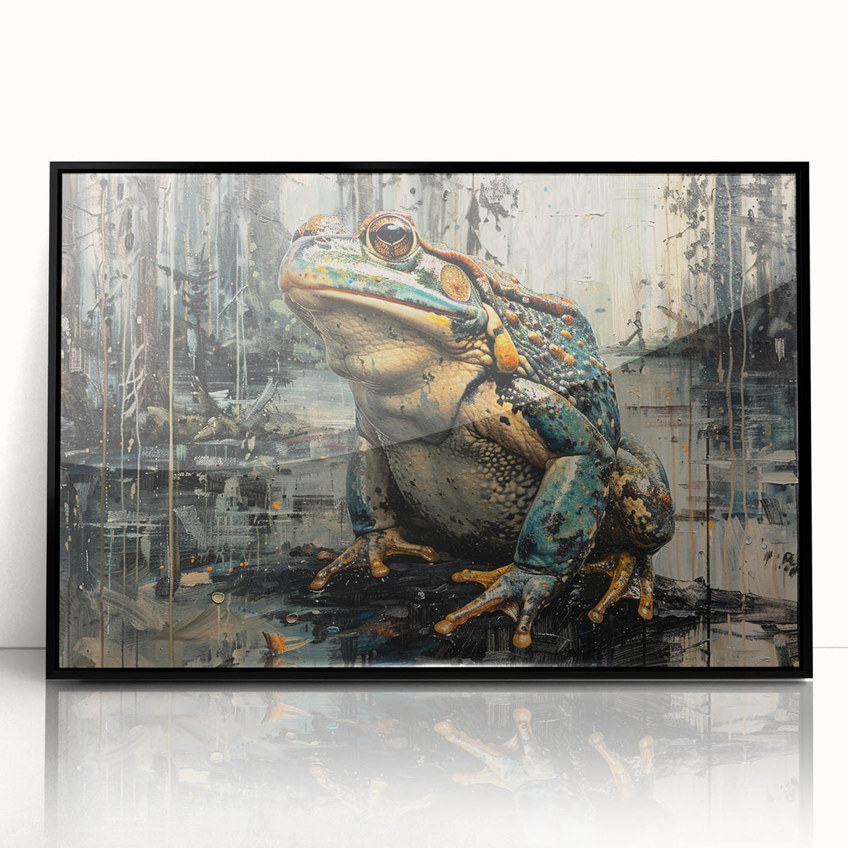 Framed acrylic wall art featuring a vibrant frog design from the Animals A Wild Life collection, set against a sleek black frame, perfect for nature enthusiasts.