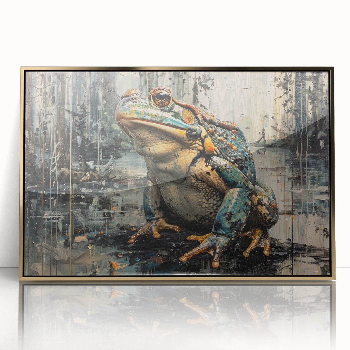 Framed wall art showcasing a vibrant green frog design with intricate details and a gold-accented frame, ideal for nature-themed decor and wildlife enthusiasts.
