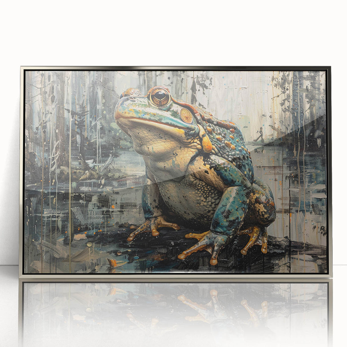 Framed wall art featuring a vibrant frog design, showcasing intricate details and a sleek silver frame, perfect for nature enthusiasts and home decor.