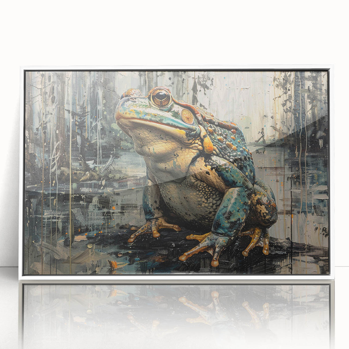 Framed wall art featuring a vibrant frog design in a wild life theme, showcasing bright greens and yellows against a white background, perfect for nature lovers' decor.