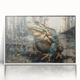 Framed wall art featuring a vibrant frog design in a wild life theme, showcasing bright greens and yellows against a white background, perfect for nature lovers' decor.